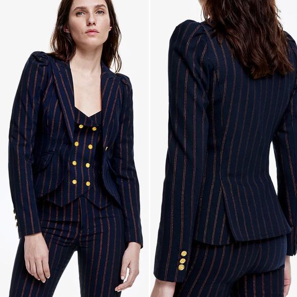 Smythe Jackets & Blazers - Smythe Navy Copper Pinstripe Puff Shoulder Blazer Tailored Jacket Power Size 6